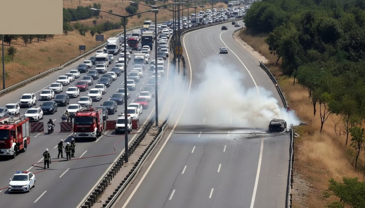 TEM Otoyolu'nda seyir halindeki otomobil alev alev yandı