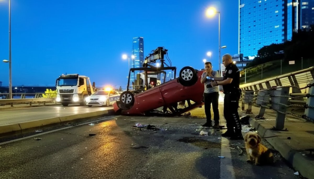 İstanbul Şişli'de köpeğe çarpmamak için manevra yapan sürücü takla attı