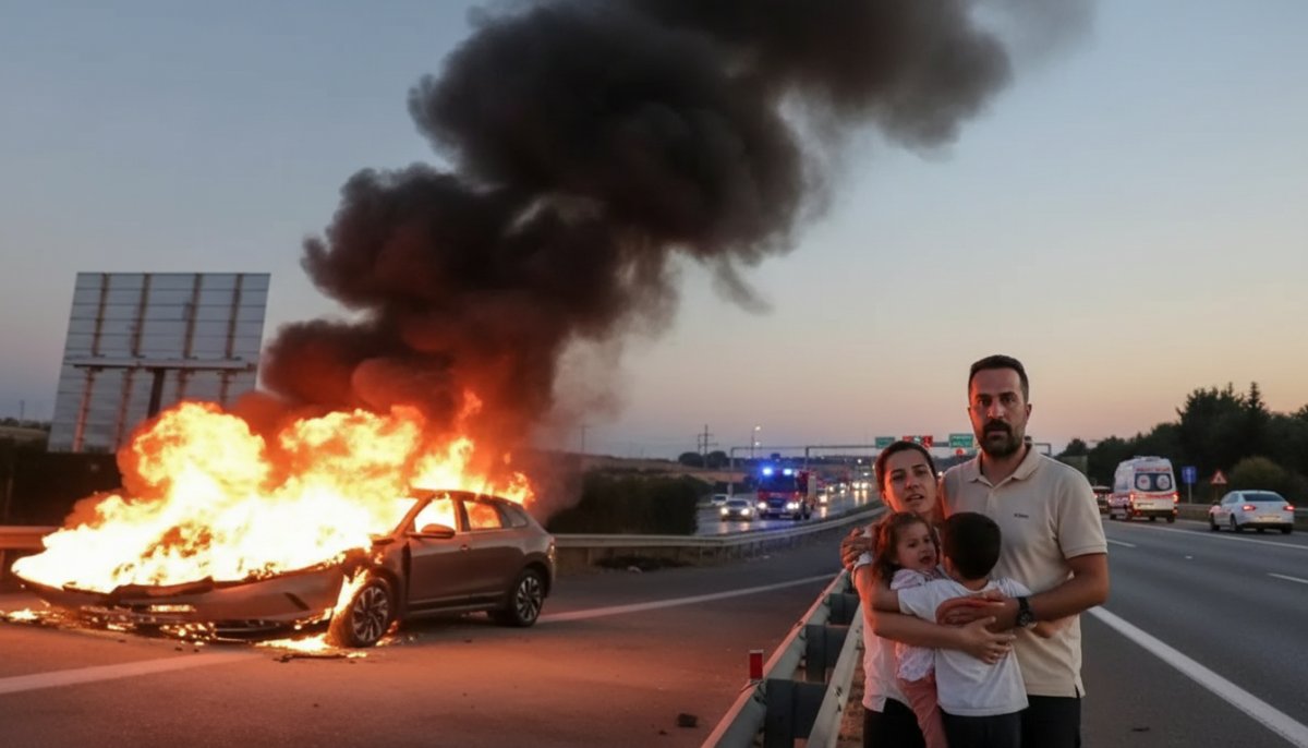 Elektrikli Otomobil Otoyolda Alev Aldı, Aile Son Anda Kurtuldu