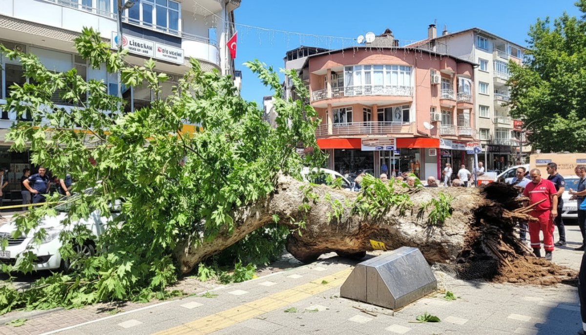 Bursa’da faciaya ramak kala! Asırlık çınar ağacı yola devrildi