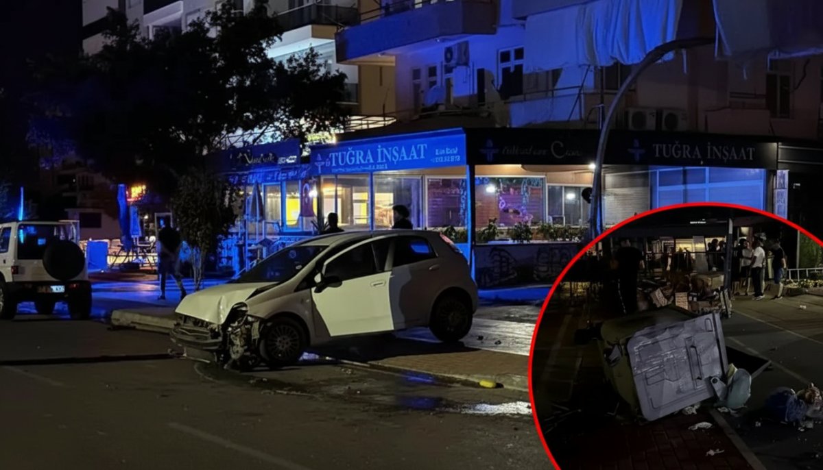 Antalya'da Otomobil Kontrolden Çıkarak Direğe ve Konteynere Çarptı