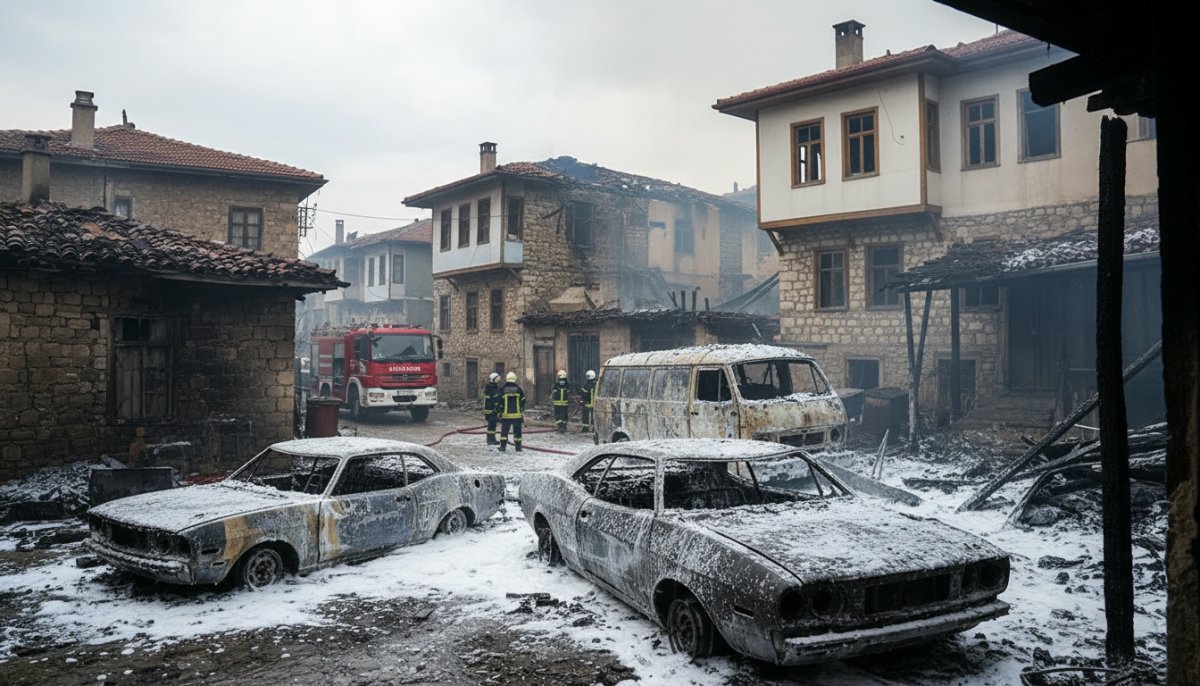 Kütahya'da Korkutan Yangın: Avludan Araçlara Sıçrayan Alevler Patlamaya Yol Açtı, 3 Ev Hasar Gördü 2 Araç Kül Oldu!
