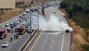 TEM Otoyolu'nda seyir halindeki otomobil alev alev yandı